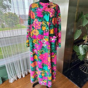Vintage 1980s robe, teal, hot pink, yellow, green, bold floral geometric fleece